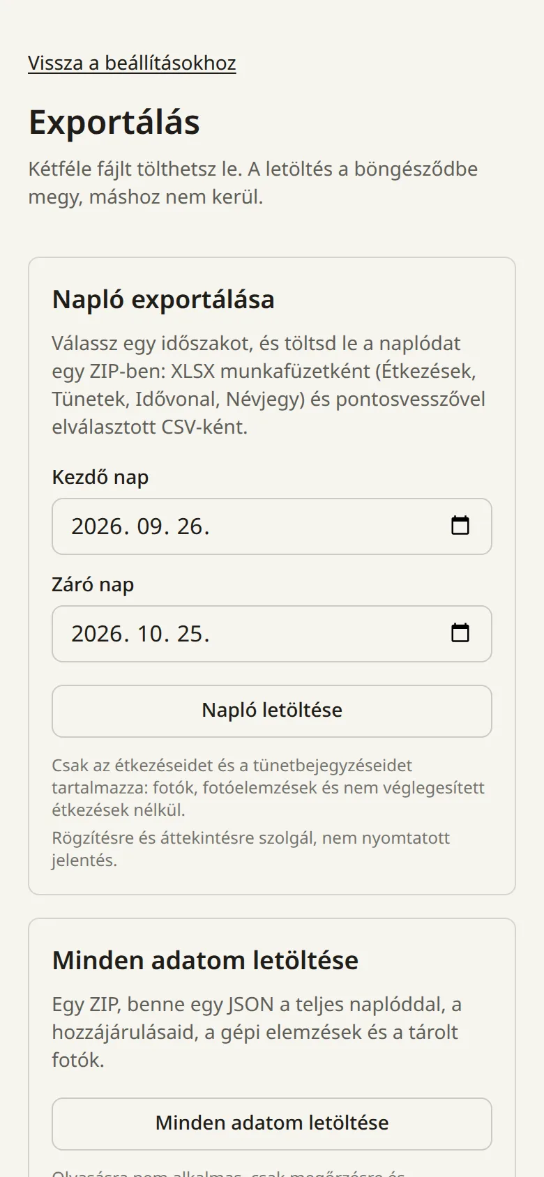 Export képernyő: az időszak kiválasztása és a letöltés.