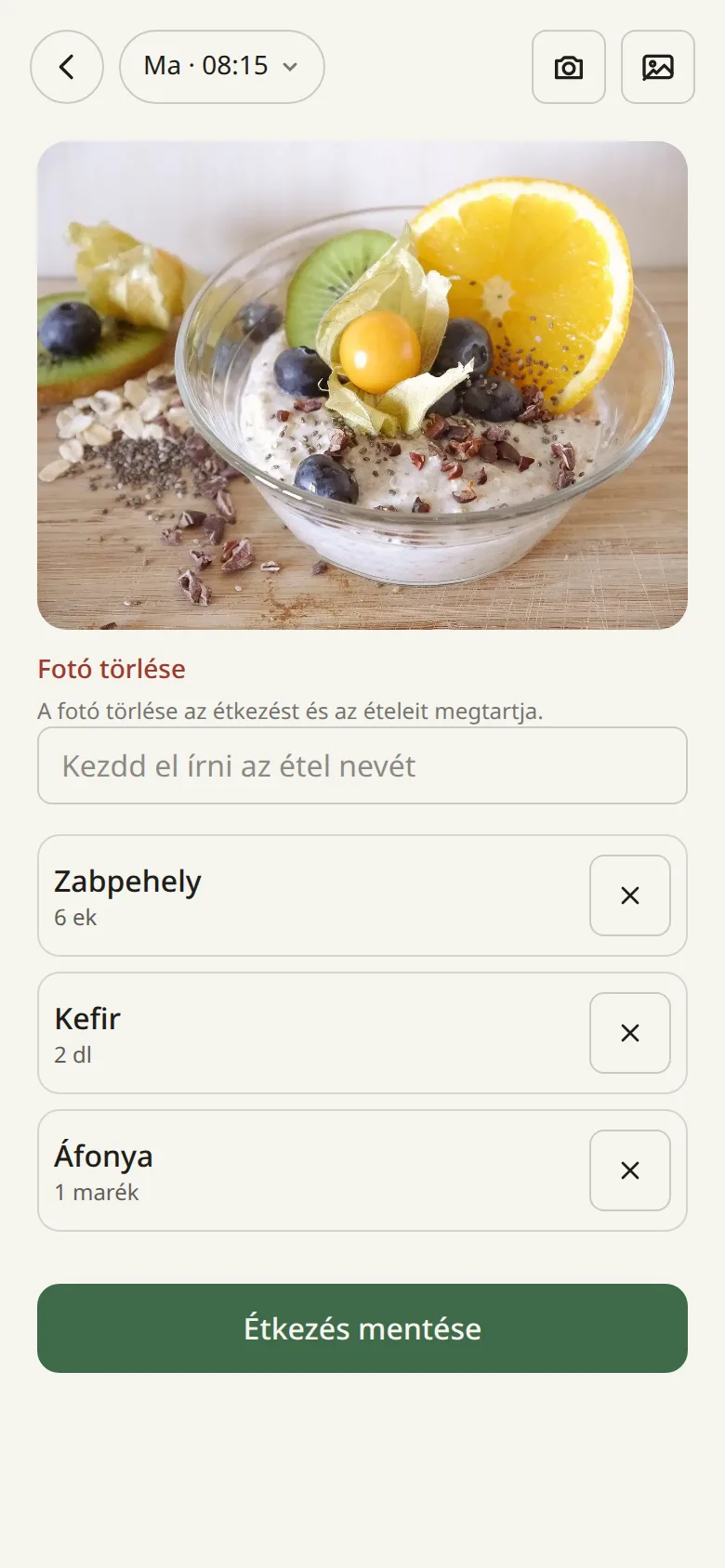 Étkezés oldal a fotó alapján javasolt ételekkel.